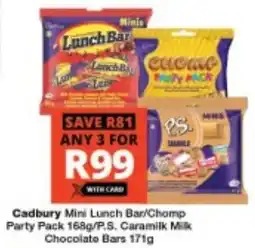 Checkers Cadbury Mini Lunch Bar/ Chomp Party Pack/ P.S. Caramilk Milk Chocolate Bars offer