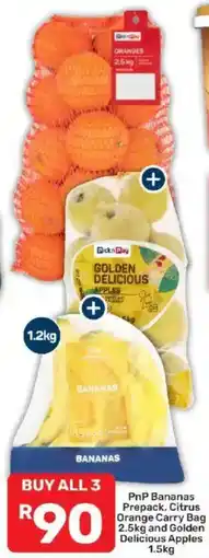 Pick n Pay PnP Bananas Prepack, Citrus Orange Carry Bag and Golden Delicious Apples offer