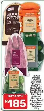 Pick n Pay All purpose potatoes, green peppers, gem squash, carrots, beetroot, butternut, sweet potatoes offer