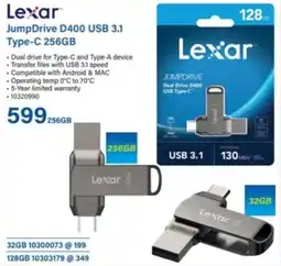 Incredible Connection Lexar JumpDrive D400 USB 3.1 Type-C 256GB offer