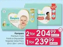 Clicks Pampers - premium care pants or disposable nappies value pack offer