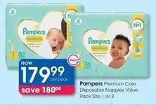 Clicks Pampers - premium care disposable nappies value pack size 1 or 2 offer