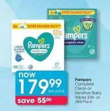 Clicks Pampers - complete clean or sensitive baby wipes 336- or 384-pack offer