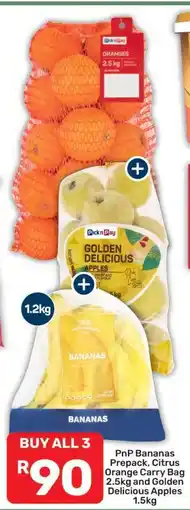 Pick n Pay PnP Bananas Prepack, Citrus Orange Carry Bag 2.5kg and Golden Delicious Apples 1.5kg offer