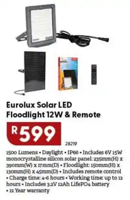 Brights Hardware Eurolux Solar LED Floodlight 12W & Remote offer