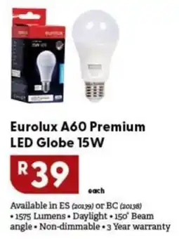 Brights Hardware Eurolux A60 Premium LED Globe 15W offer