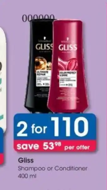 Clicks Gliss Shampoo or Conditioner 400 ml offer