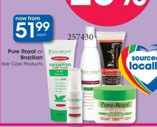 Pure Royal or Brazillian Hair Care Products offer at Clicks