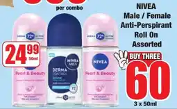 Boxer Nivea Male/ Female Anti-Perspirant Roll On Assorted offer