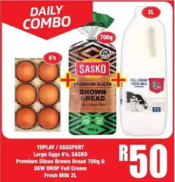 Boxer Toplay/ Eggspert Large Eggs, Sasko Premium Slices Brown Bread & Dew Drop Full Cream Fresh Milk offer
