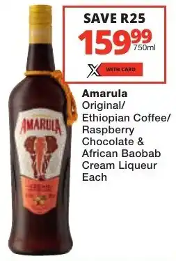 Checkers Liquor Shop Amarula Original/ Ethiopian Coffee/ Raspberry Chocolate & African Baobab Cream Liqueur offer