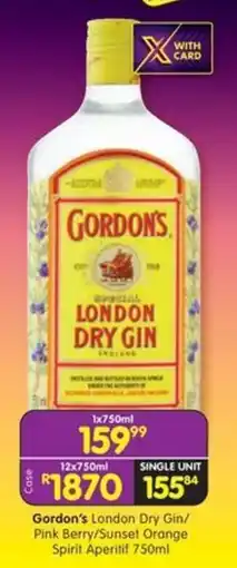 Shoprite Liquor Gordon's London Dry Gin/ Pink Berry/ Sunset Orange Spirit Aperitif offer