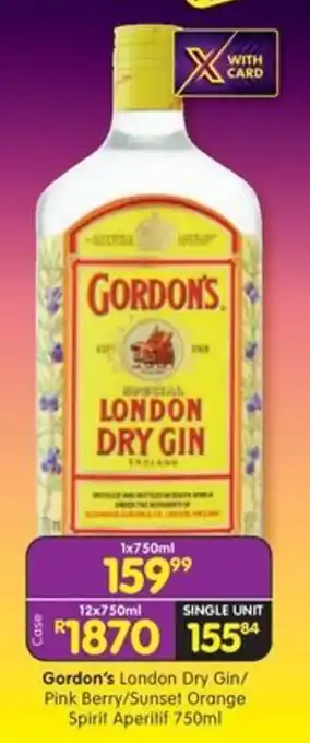 Shoprite Liquor Gordon's London Dry Gin/ Pink Berry/ Sunset Orange Spirit Aperitif offer
