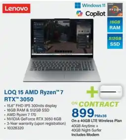 Incredible Connection Lenovo LOQ 15 AMD Ryzen 7 RTX 3050 Laptop offer