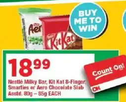 OK Grocer Nestlé Milky Bar, Kit Kat 8-Finger Smarties or Aero Chocolate Slab offer