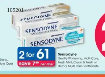 Clicks Sensodyne Gentle Whitening, Multi Care, Fresh Mint, Clean & Fresh or Herbal Multi Care Toothpaste offer