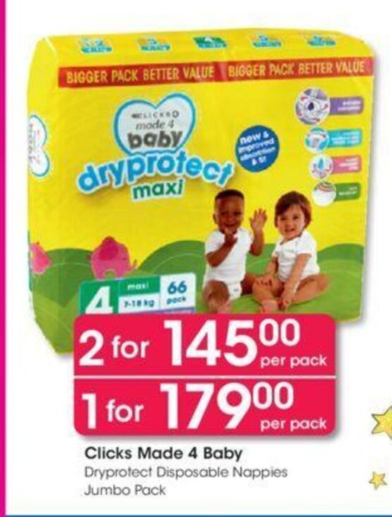 Clicks Made 4 Baby Dryprotect Disposable Nappies Jumbo Pack offer at Clicks