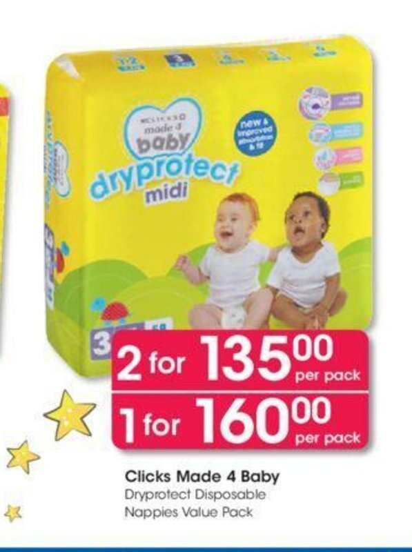 Clicks Made 4 Baby Dryprotect Disposable Nappies Value Pack offer at Clicks
