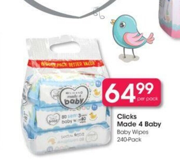 Clicks Made 4 Baby Baby Wipes 240Pack offer at Clicks