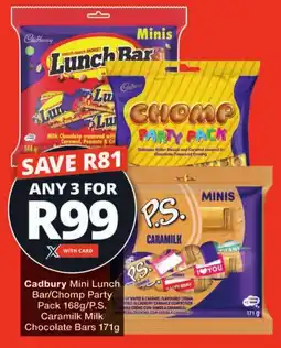 Checkers Cadbury Mini Lunch Bar/ Chomp Party Pack/ P.S. Caramilk Milk Chocolate Bars offer