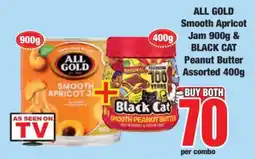 Boxer ALL GOLD Smooth Apricot Jam 900g & BLACK CAT Peanut Butter Assorted 400g offer