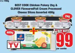 Boxer BEST COOK Chicken Polony 2kg & CLOVER Flavoured Full Cream Processed Cheese Slices Assorted 400g offer