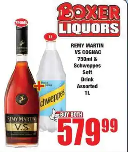 Boxer REMY MARTIN Vs Cognac 750ml & SCHWEPPES Soft Drink Assorted 1L offer