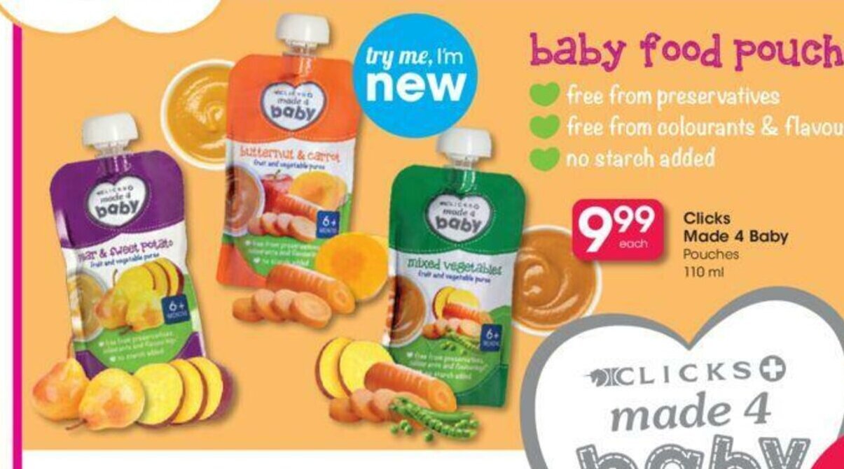 Clicks Made 4 Baby Pouches 110 ml offer at Clicks