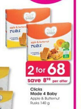 Clicks Clicks Made 4 Baby Apple & Butternut Rusks 140g offer