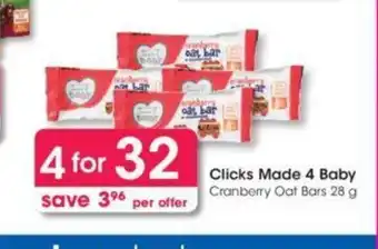 Clicks Clicks Made 4 Baby Cranberry Oat Bars 28g offer