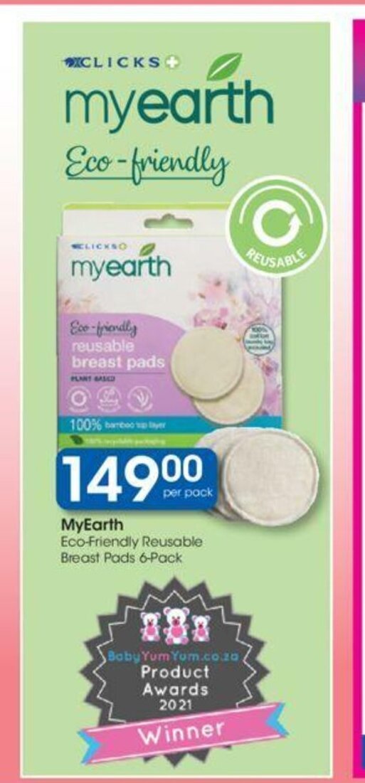 MyEarth EcoFriendly Reusable Breast Pads 6Pack offer at Clicks