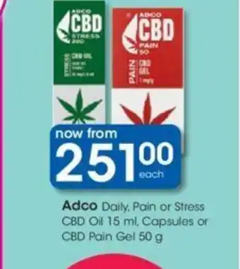 Clicks Adco Daily, Pain or Stress CBD Oil 15ml, Capsules or CBD Pain Gel 50g offer