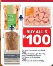 Pick n Pay Soup mix assorted, san francisco light rye, ciabatta bread or california bread, chicken goulash pack offer