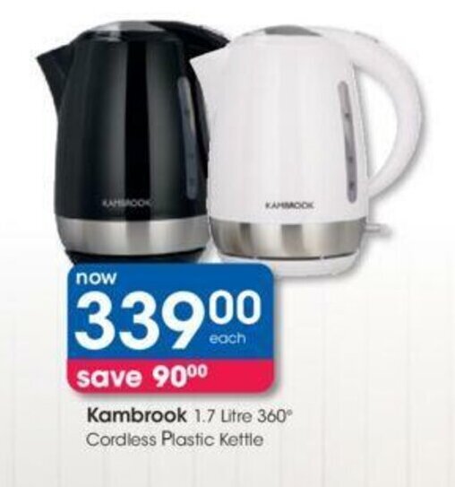 Kambrook 1.7 Litre 360° Cordless Plastic Kettle offer at Clicks