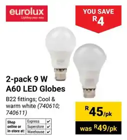 Builders Warehouse Eurolux 9 W A60 LED Globes offer