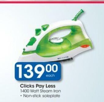 Clicks Clicks Pay Less 1400 Watt Steam Iron offer