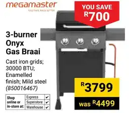 Builders Warehouse Megamaster 3-burner Onyx Gas Braai offer