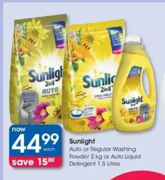 Clicks Sunlight Auto or Regular Washing Powder 2kg or Auto Liquid Detergent 1.5 Litres offer