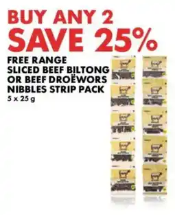 Woolworths Free range sliced beef biltong or beef droewors nibbles strip pack offer