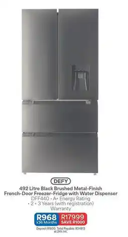 OK Furniture Defy - 492 litre black brushed metal-finish french-door freezer-fridge with water dispenser offer