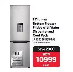 Makro Samsung - 321 l inox bottom freezer fridge with water dispenser and cool pack (rb33j3611s9/fa) offer