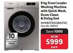Makro Samsung - 8 kg front loader washing machine with quick wash, drum clean & delay end (ww80t3040bs/fa) offer