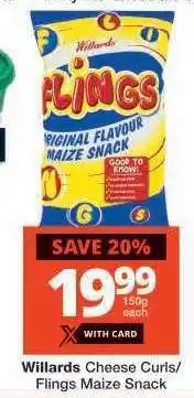 Checkers WILLARDS CHEESE CURLS/FLINGS MAIZE SNACK offer