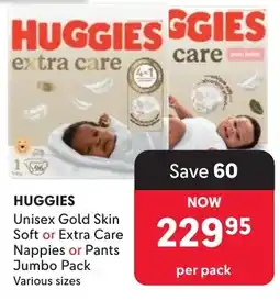 Makro Huggies Unisex Gold Skin Soft or Extra Care Nappies or Pants Jumbo Pack offer