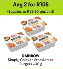 Makro Rainbow Simply Chicken Steaklets or Burgers offer