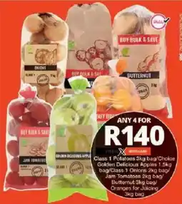 Checkers Class 1 Potatoes/Class 1 Onions/Golden Delicious Apples/Jam Tomatoes/Butternut/Oranges offer