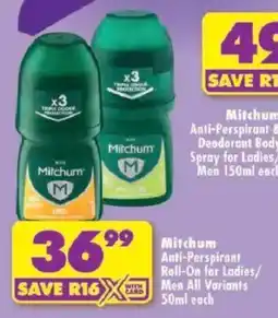 Shoprite Mitchum Anti-Perspirant Roll-On for Ladies/Men All Variants offer