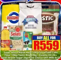 Three Star Cash and Carry Super White Maize Meal + Snowflake Cake Flour + Tastic Rice + Excella Oil + Selati Brown Sugar + First Choice UHT Milk offer