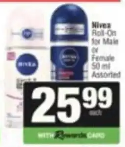 SuperSpar Nivea Roll-On for Male or Female Assorted offer