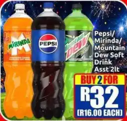 Three Star Cash and Carry Pepsi/Mirinda/Mountain Dew Soft Drink Asst 2lt offer